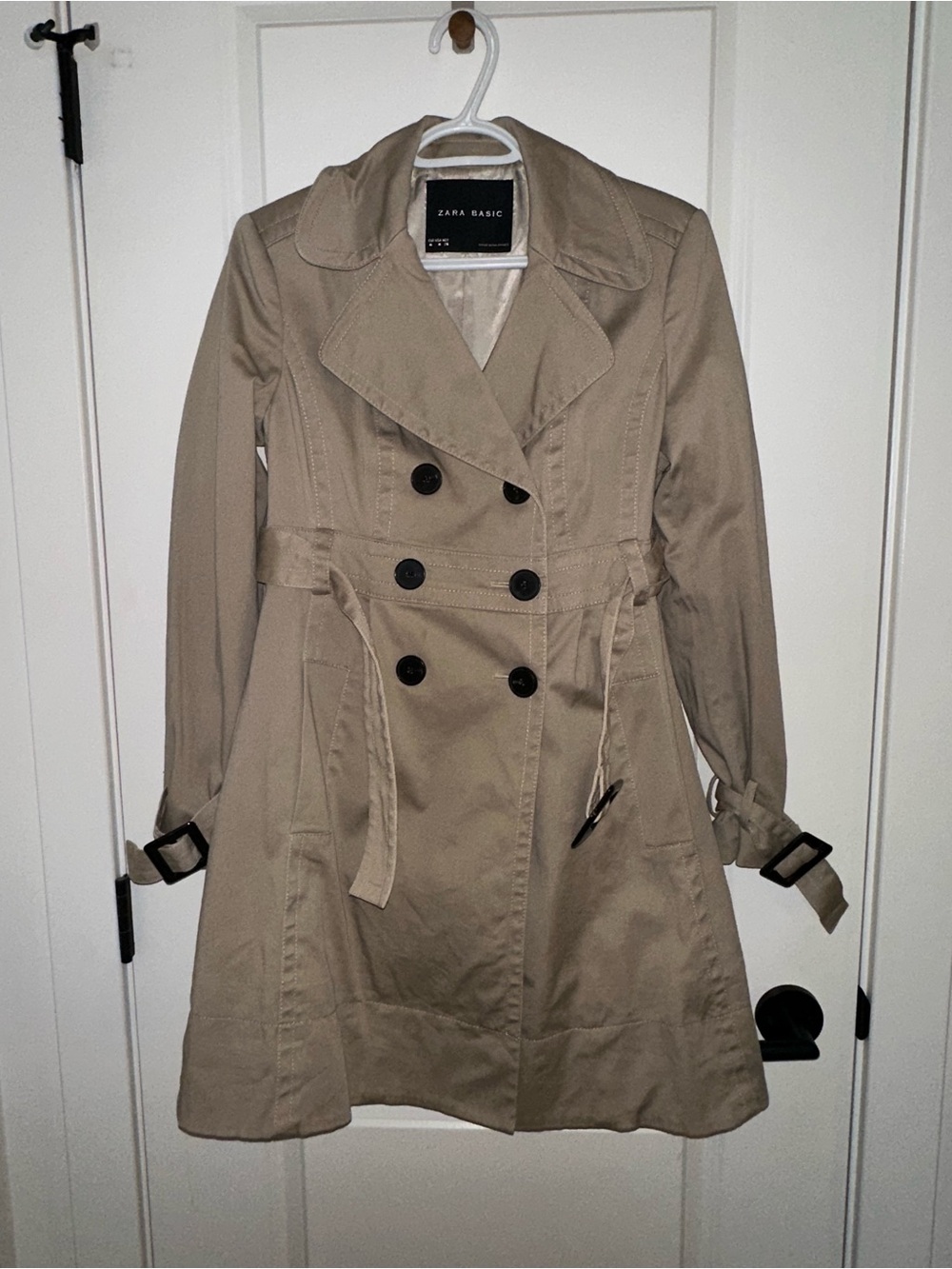 Zara Taupe Double-Breasted Trench Coat with Waist Tie